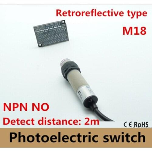 Retroreflective type M18 NPN NO DC 3 wires photoelectric sensor photocell switch with mirror reflector, distance 2m CE approval