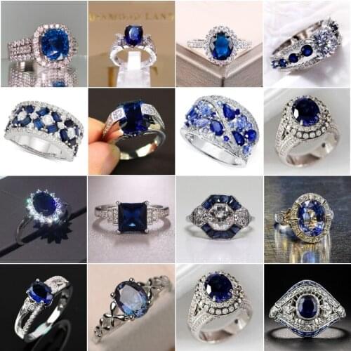 Vintage White Stone Rings for Women Luxury Dark Blue Crystal Zircon Ring Couple Engagement Gift Fashion Jewelry