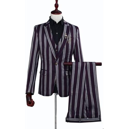 Vintage Stripe Skinny Casual Men Wedding Suit Vest With Pants 3 Pieces Set Party Gala Blazer Engagement Slim Fit Formal Wear