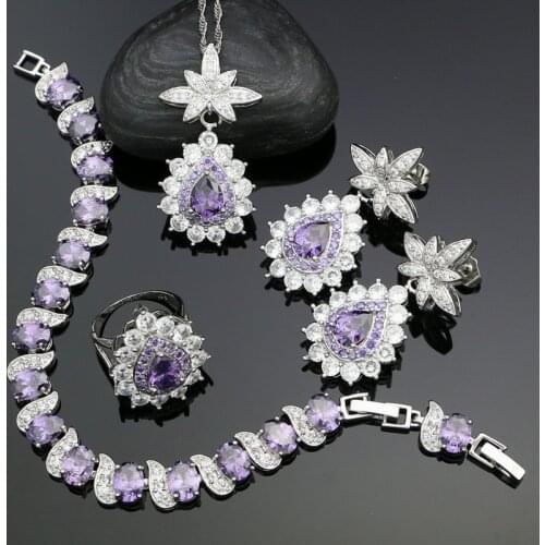 925 Silver Bridal Jewelry Sets For Women Purple Cubic Zirconia Earrings Pendant Ring Bracelet Necklace Sets Jewelry Kits