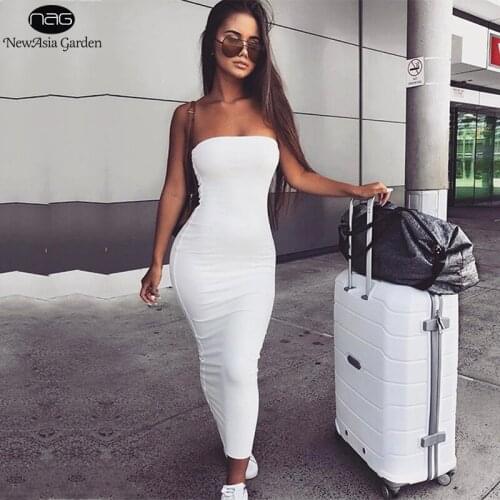 NewAsia Sexy Bodycon Dress Strapless 2 Layers Cotton Summer Midi Long Dresses for Women Party Club Wear Fashion White Vestido
