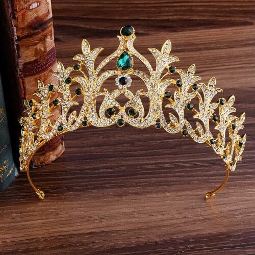 Cahrmelry Green Baroque Luxury Crystal Bridal Crown Tiaras Gold Diadem Tiaras for Women Bride Wedding Party Hair Accessories