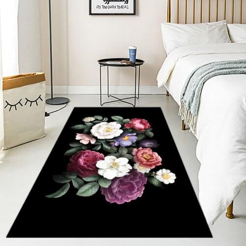 Art Flower Black 3D Carpet For Living Room Kitchen Lounge Bedroom Bedside Area Rugs Anti-Slip Entrance Door Floor Mat Home Decor