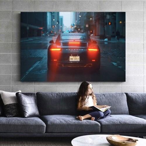 Decorative Paintings Porsches 911 Carrera Lights Black Raining Sport Cars Back View Poster Wall Art Canvas Prints For Home Decor