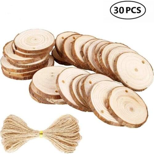 30pcs 4-5cm Unfinished Natural Wood Slices Circles Log Discs for DIY Crafts Christmas Rustic Wedding Ornaments with Hemp Rope