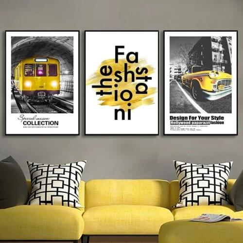 Nordic Canvas Painting Fashion Letter Minimalist Picture Home Decor Art Life Quote Yellow Style Car Train Poster For Living Room