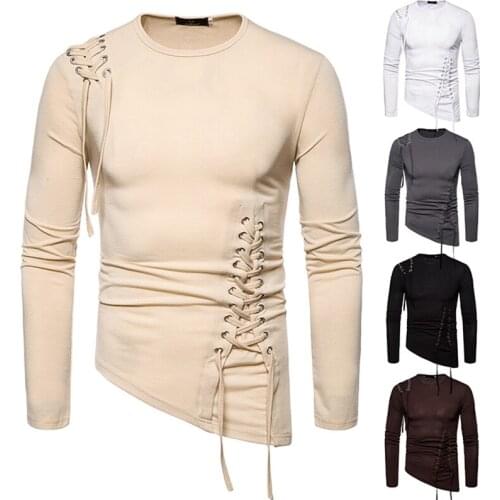 Hot kf-Mens Trend Slim Tether Round Neck Solid Color Long Sleeve Shirt