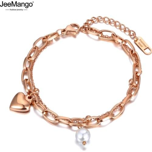 JeeMango 316L Stainless Steel White Pearl Chain & Link Bracelets For Women Double Layer Bohemia Heart Charm Bracelet JB20167