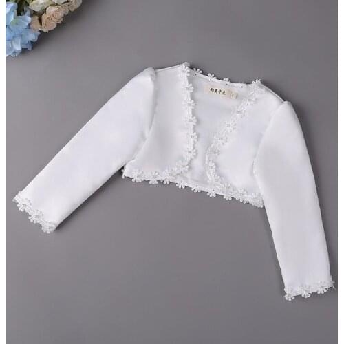 Elegant Shares of girls long sleeve white lace Pearls Beaded boleros jacket wedding Dress Matching wraps For 6 8 10 12 14 Years