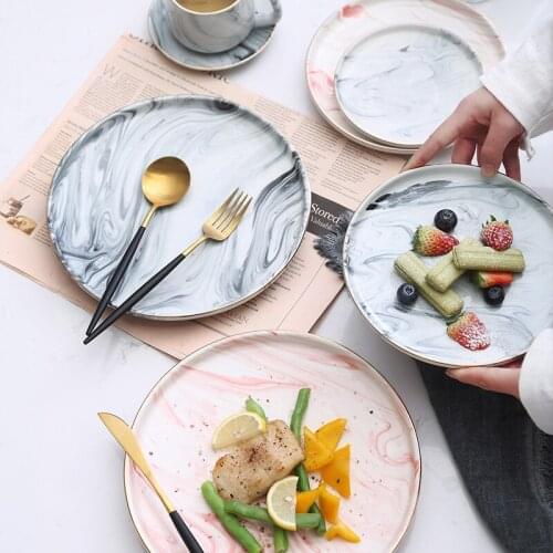 Ins Nordic Phnom Penh Marble Ceramic Plate Pasta Steak Western Tableware Home Dim Sum Plate Dish Plate Flat Plate