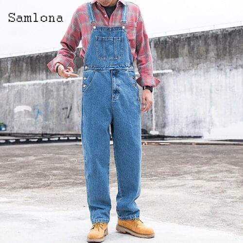 Samlona Mens Jeans Blue Denim Overalls Fashion 2021 European and American style Loose Suspender Trousers Mens Summer Jumpsuits