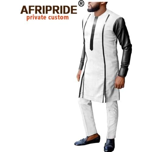 Men`s Casual African Clothing Dashiki Coats Jacket and Ankara Pants 2 Piece Set Pu Sleeve Outwear Blazer AFRIPRIDE A2016010