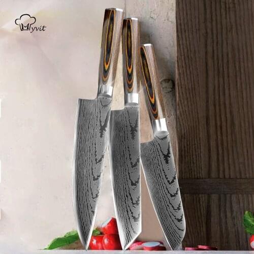 Chef Knife Kitchen Knives Set Japanese 7CR17 440C High Carbon Stainless Steel Imitation Damascus Sanding Laser Knife Dropship