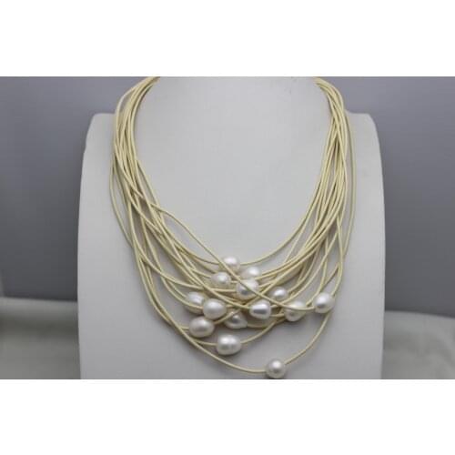 15strands White leather and pearls necklace 9X12mm 45cm