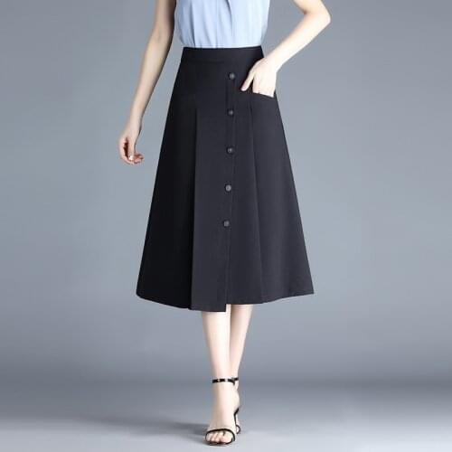 Casual A-line Skirt 2021 Summer Women High Waisted Plus Size 4XL Buttons Slim Office Lady Elegant Mid-long Black Skirts 2119