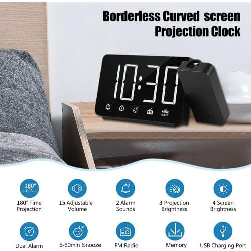 Projection Alarm Clock 180°Projector with FM Radio Snooze Function 4 Dimmer Dual Alarm USB Charging Digital Clock 12H/24H