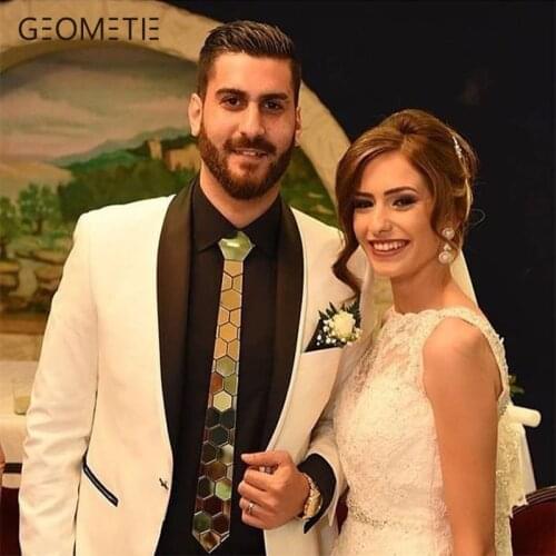 Handmade 24K Gold Mirror Neckties Classy Design Luxury Slim Hexagon Ties Cufflink Set Anniversary Gift Wedding Accessory