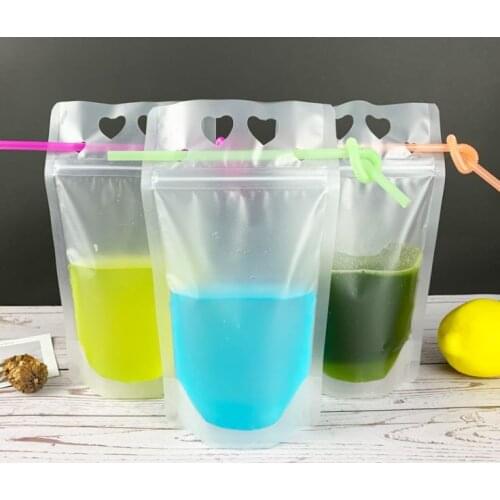 Heart Shape Design Plastic Frosted Drink Packaging Bag Pouch for Beverage Juice Milk Coffee, with Handle and Holes for Straw SN