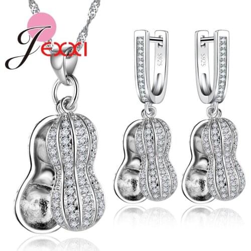 Silver Jewelry Set Peanut Shaped Necklace Pendant Earrings for Women Crystal Bridal Accessories Wedding Jewelry Set