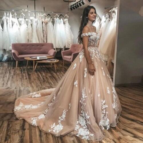 Off the Shoulder Champagne Ball Gowns Wedding Dress with White/Ivory Lace Applique Chapel Train Bridal Gowns