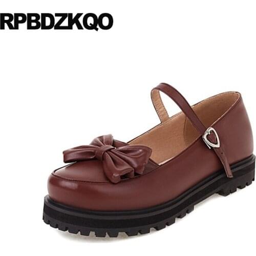Size 11 Women Shoes 10 Bowtie Large Wide Fit 2021 Girls Brown Cheap Round Toe Flats Bow Heart Buckle Mary Janes Chinese Korean