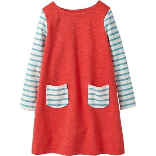 AOSTA BETTY Autumn Winter Skirt Long Sleeve Girl Red Striped Pattern Pockets Clothes Round Neck Casual Dresses 2-7years