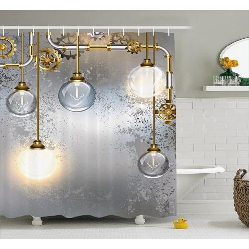 Industrial Shower Curtain Steampunk Antique Composition Brass Fastening Round Figures Print Wall Decoration Hanging Curtains
