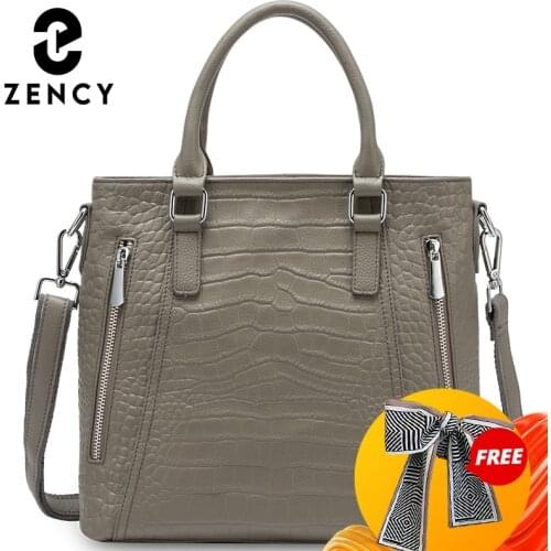 Zency Casual Tote Handbag 100% Genuine Leather High Quality Lady Shoulder Bag Fashion Women Crossbody Bags Black Grey