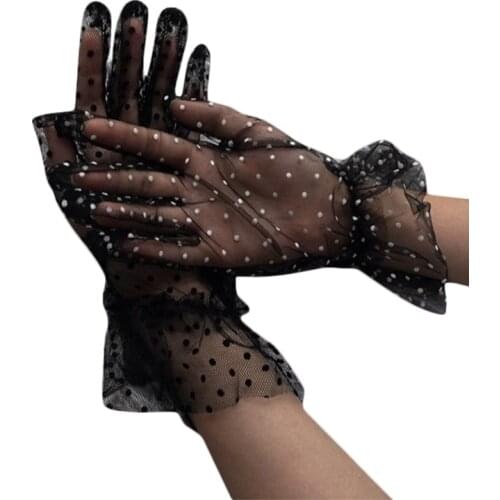 Women Sheer Lace Short Tulle Full Finger Gloves Vintage Polka Dot Ruffled Mitten