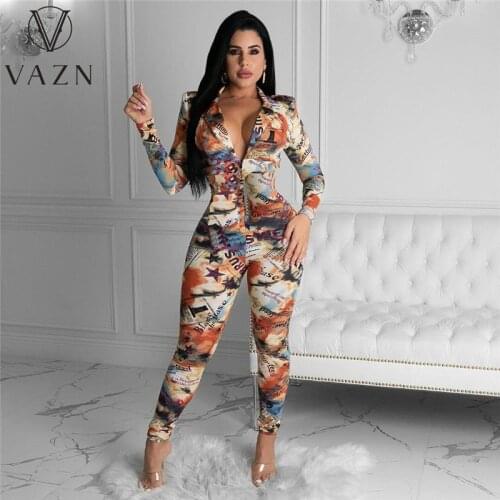 VAZN 2021 Top Quality Full Sleeve Spring Colorful Print Young Sexy Soft Daily Simple High Waist Women Long Pencil Jumpsuits