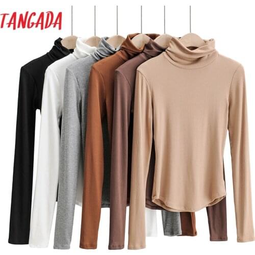 Tangada Women 2020 Fashion Solid Crop Turtleneck Knitted Sweater jumper big strethy Slim Pullovers Chic Tops 4P25