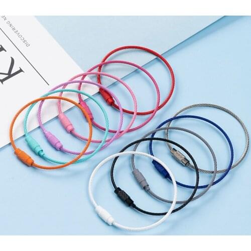 2PCS Colorful Cable Wire Hanging Luggage Tag Loop Metal Keychain Stainless Steel Wire Rope Keyring Screw Lock Key Ring Holder
