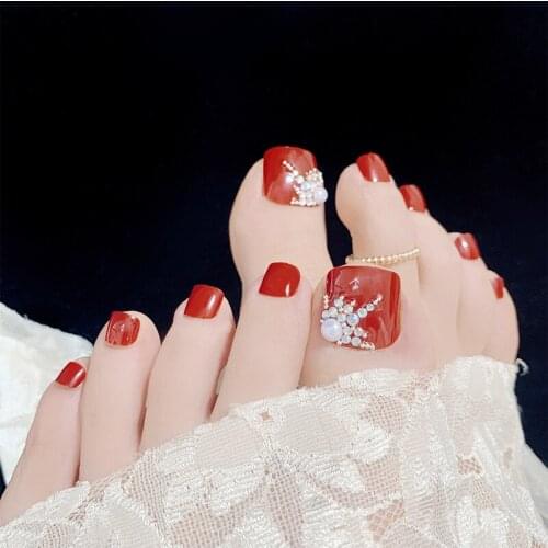 24Pcs Wine Red Super Flash Diamond False Toenails Full Cover Press On Toenails Fake Toenails Artificial Feet Nails With Glue