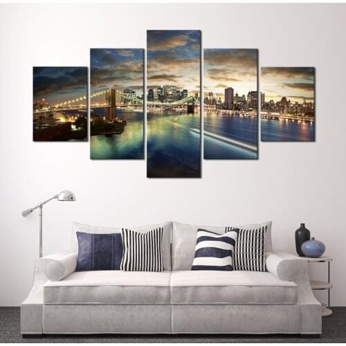 Unframed 5 Panels Gray City Bridge Canvas Print Oil Painting Modern Canvas Wall Art for Wall Pcture Home Decor Artwork