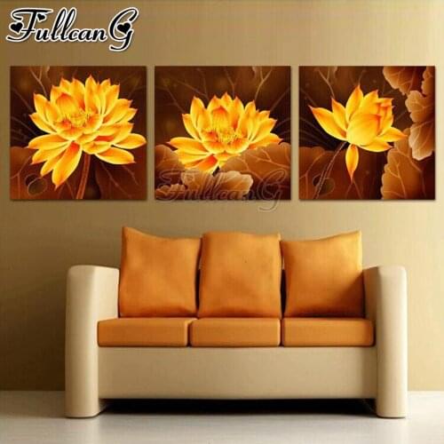 FULLCANG 5d diy diamond embroidery Golden lotus flowers triptych painting full square round mosaic pattern kit home decor FC3323