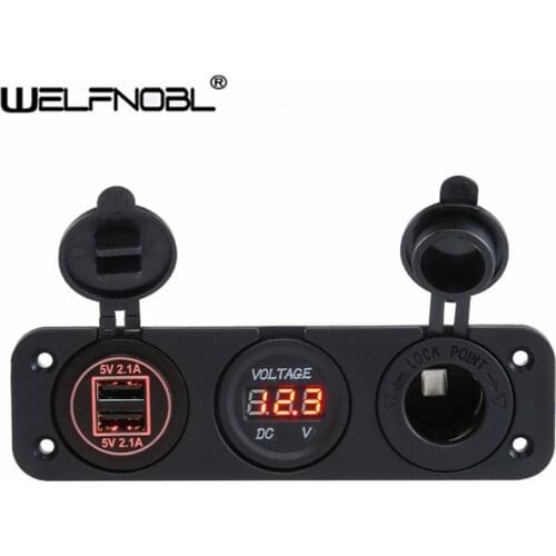 Car Boat Dual USB Charger + LED Voltmeter + Power Outlet Socket 3 Holes Panel