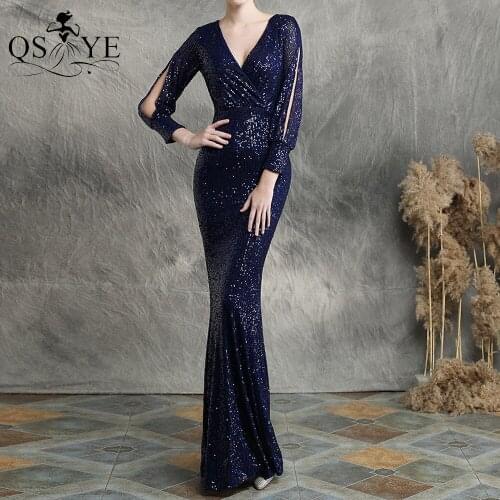 Sequin Navy Evening Dresses Long Sleeves Mermaid Prom Gown Glitter V Neck Elegant Sequin Pattern Formal Party Dress Evening