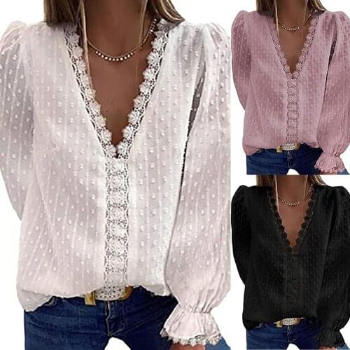 Ladies Fashion Blouses Lace Solid Jacquard Long Sleeve Casual V-neck Blouses Sexy Polka Dot Solid Color Mesh Blouses 2021 New