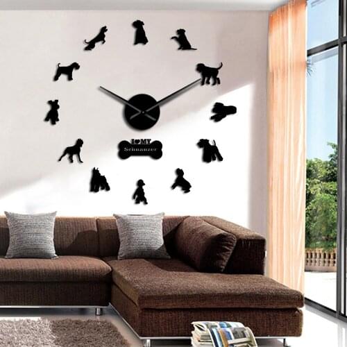 Schnauzer Dog Breeds DIY Large Wall Clock Mirror Effect Room Decor Wall Clock Dog Oweners Decorative Stickers