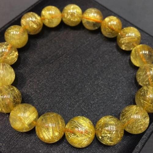 11mm Top Natural Gold Rutilated Quartz Crystal Woman Gemstone Best Round Beads Bracelet Jewelry Brazil Genuine AAAAA