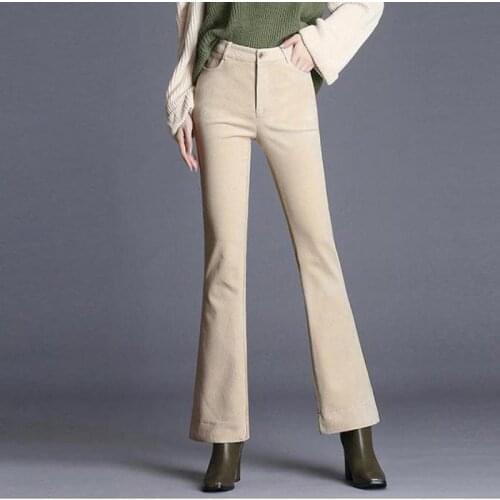 Fall Winter Office Lady Woman Beige Black Ankle Length Corduroy Flare Pants , Female Women High Waisted Slim 3xl 4xl Trousers