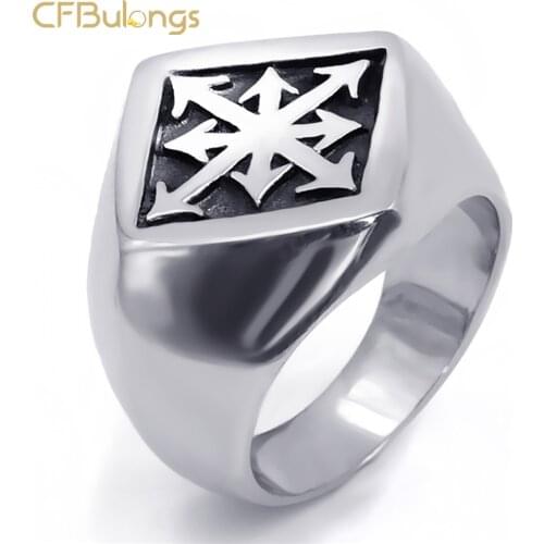 CFBulongs Vintage Men Stainless Steel Ring Punk Magic 8 Pointed Arrow Chaos Star Cross Ring Hip Hop Jewelry