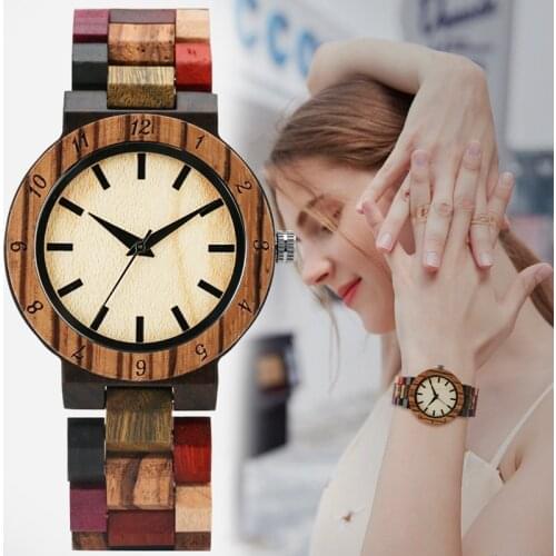 Women Fashion Wood Watch Vintage Mixed Color Clock Quartz Analog Wristwatches Sports Womens Wooden Bracelet Watch Montre Femme