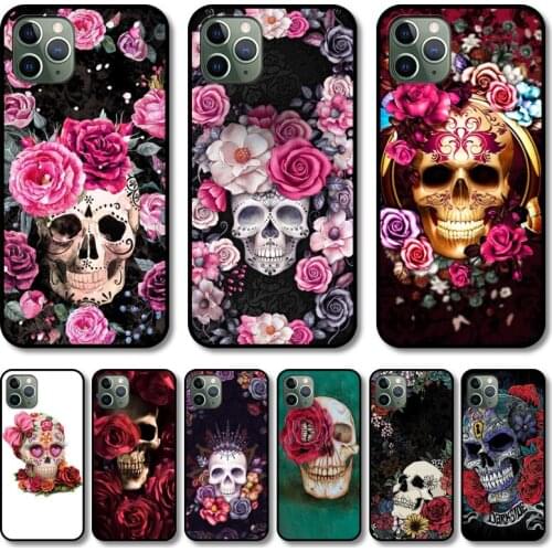Flowers skull Phone Case cover For iphone 12 pro max 11 8 7 6 s XR PLUS X XS SE 2020 mini black cell shell