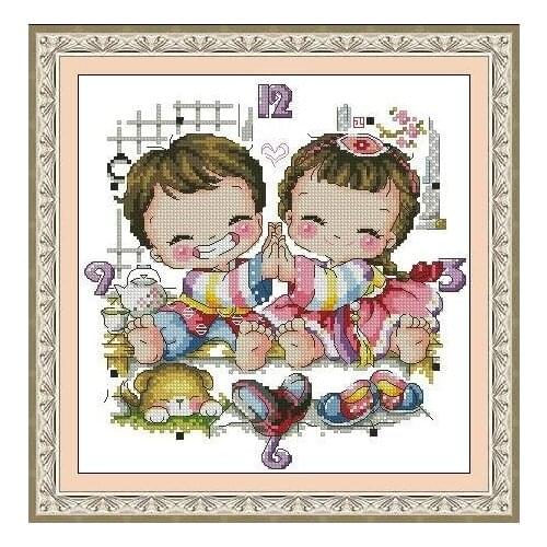 Gold Collection Counted Cross Stitch Kit Clock The children of Korean Traditional Costume Little Boy and Girl SO