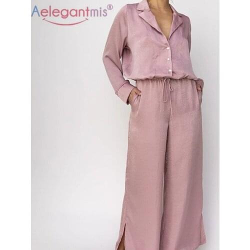 Aelegantmis 2 Piece Sets Cozy Thin Long Sleeve Lace Loose Short Shirts Elastic High Waist Wide Leg Trouser Soft Split Long Pants