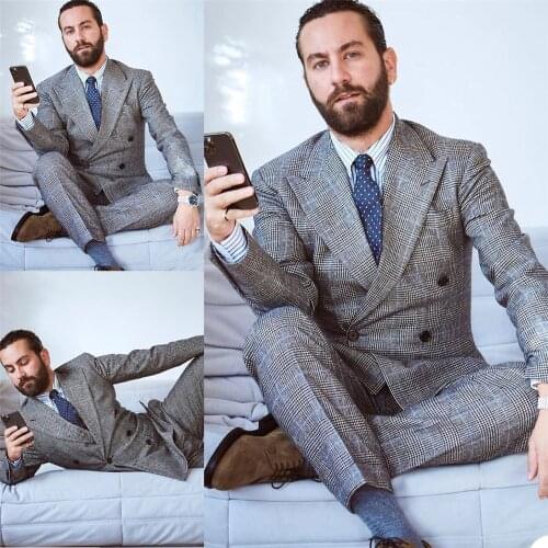 Handsome Peak Lapel Double Breasted Jacket With Pants 2 Pcs Blazers Plaid Slim Fit Grey Smart Casual Business Outwear Coat ML349