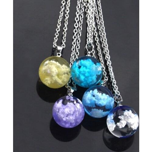 Creative White Clouds Sky Pendant Necklace for Women Resin Glass Round Ball Necklace Ladies Fashion Sweater Chain Jewelry Gift