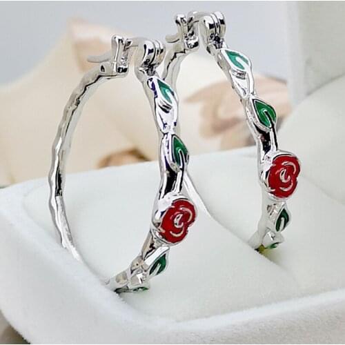 Cute Bride Hollow Round Big Hoop Earrings Charm Female Enamel Rose Flower Earrings For Women Dainty Silver Color Wedding Jewelry