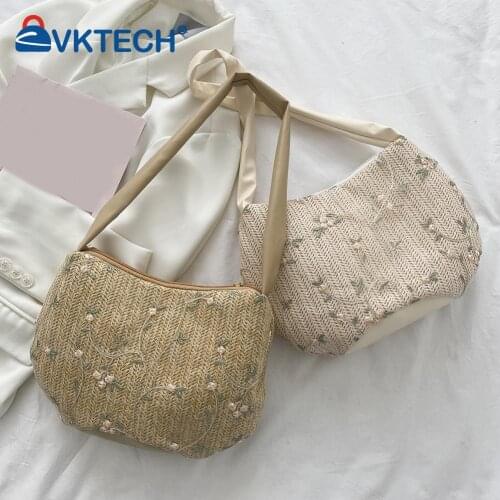 Fashion Women Summer Flowers Woven Shoulder Underarm Bag Casual Ladies Beach Vacation Small Handbags Purse